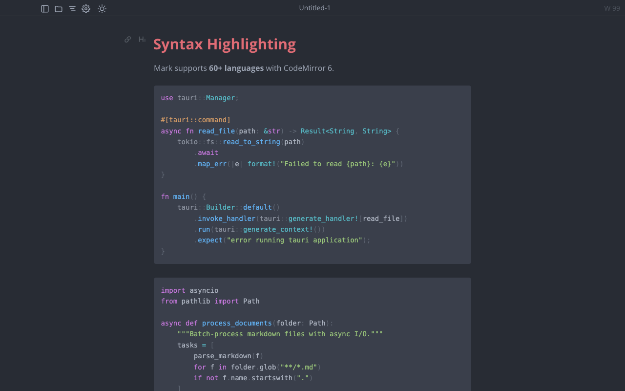 Fenced code blocks with syntax highlighting in Mark